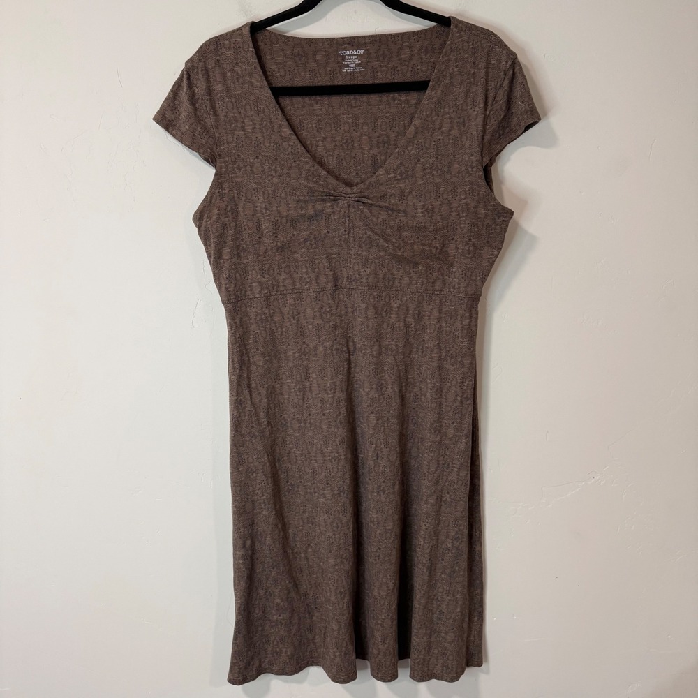 Toad&Co Womens Rosemarie Dress Large Brown Excellent V-Neck Empire Waist Eco